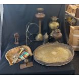 Selection of vintage and later metal ware includes bed warming pans, oil lamp bases etc