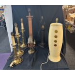 Large selection of vintage and later lamps includes brass base, oriental, deco style etc