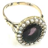 Antique 9ct gold ring with seed pearl and purple stone in ring box, approximate weight 4.3g, UK size