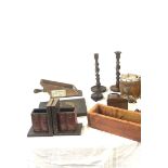 Selection of wooden items includes Biscuit barrel, book ends etc