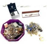 Selection of vintage and later costume jewellery includes silver chain etc
