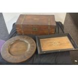 Selection of wooden items includes writing slope, inlaid tray, etc