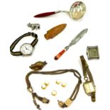 Selection of vintage items including watches, arrowhead, part yellow metal watch chain, studs etc
