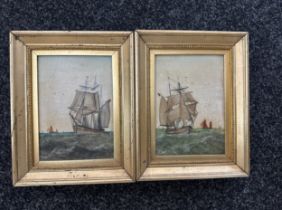 Two framed vintage paintings on porcelain depicting boats at sea measures approx 9.5 inches tall