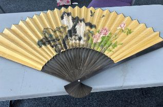 Vintage large hand painted fan measures approx 82 inches tall by 134 inches wide