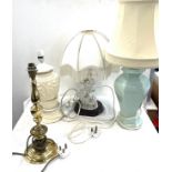 Large selection of assorted lamps includes brass based etc, with shades etc