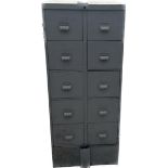 Vintage industrial 10 drawer metal cabinet measures approx 52 inches tall by 21.5 inches deep and 22