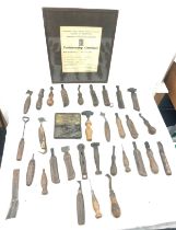 Selection of vintage shoe makers wooden tools together with a Craftmanship certificate