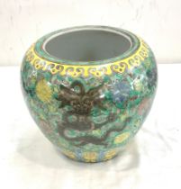 Oriental hand painted jardiniere with marks to base measures approx 8 inches tall by 9.5 diameter