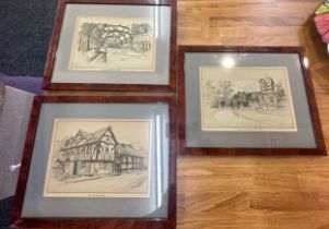 Three framed prints of Leicester to include 'Old Town Hall', 'St Nicolas Church and Jewry Wall'