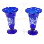 Pair of Venetian blue glass hand painted vases measures approx 22 cm tall