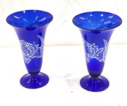 Pair of Venetian blue glass hand painted vases measures approx 22 cm tall