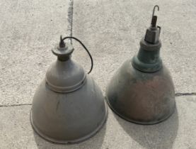 Two industrial enamel vintage lights measures 21 inches tall by 18 inches diameter