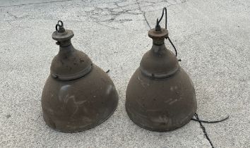 Two industrial enamel vintage lights measures 21 inches tall by 18 inches diameter