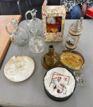 Selection of vintage items to include hand painted glass decanters, german stein etc