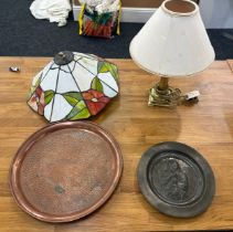 Selection of vintage items to include a tiffany style lamp some damage, brass lamp, copper tray