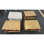 Four vintage wicker picnic baskets largest measures approx 18 inches long by 12 inches deep and 8