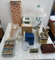 Selection of vintage miscellaneous to include a decorative lamp, Queen Anne plated stand etc