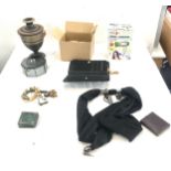 Mixed lot to include vase, glass trinket box, river island purse, hair dryer, box containing costume