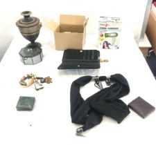 Mixed lot to include vase, glass trinket box, river island purse, hair dryer, box containing costume