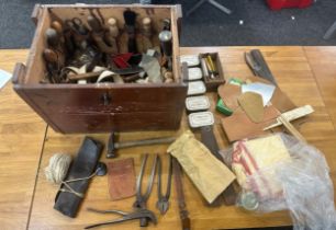 Selection vintage wooden Craftsmans tools within vintage wooden box to include chisels, A.Kessel