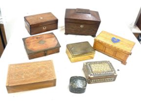 Selection of assorted boxed includes tea caddy, wooden inlaid boxes etc