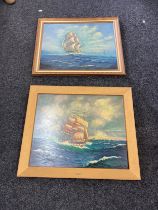 2 Large framed gallion ship paintings, g.moore largest measures approximately 29 inches by 35 inches