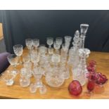 Selection of vintage cut glass to include decanters, cranberry etc