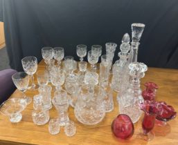 Selection of vintage cut glass to include decanters, cranberry etc