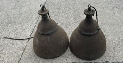 Two industrial enamel vintage lights measures 21 inches tall by 18 inches diameter