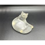 Large glass Lalique "happy cat" sculpture fully marked length 9cm