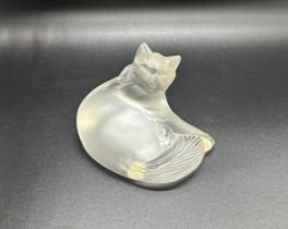 Large glass Lalique "happy cat" sculpture fully marked length 9cm