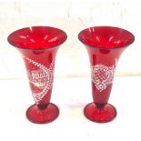 Pair of Venetian red glass hand painted vases measures approx 22 cm tall