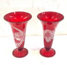 Pair of Venetian red glass hand painted vases measures approx 22 cm tall