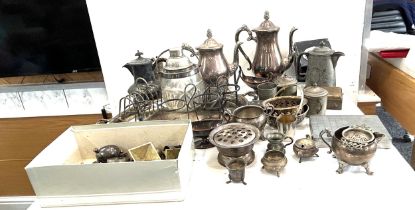 Large selection of silver plated items to include tea pots, barrel, large tray, coasters etc
