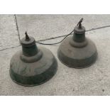 Two green enamel industrial lights measures approx 18 inches tall by 18 inches diameter