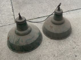 Two green enamel industrial lights measures approx 18 inches tall by 18 inches diameter