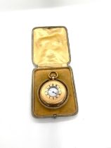 Gold plated half hunter pocket watch in fitted case by J H Potter Sheffield, diameter 5cm, winds