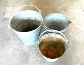 Selectioon of 3 galvanised buckets largest measures 13 inches tall 13 inches diameter