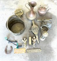 Selection of assorted brass and copper war includes coal bucket 2 kettles