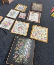 Selection of vintage tapestries and needleworks largest measures 24 inches wide by 28 inches tall