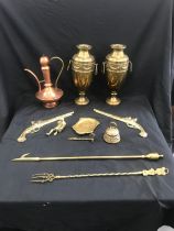 Selection of brass ware to include two brass vases, novelty brass items and a copper genie lamp