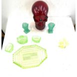 Selection of vintage novelty coloured glassware to include Skeleton head, dressing table set etc