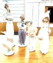 Four LLadro porcelain figures one girl with lamb, girl with chicken, boy with dog and a duck