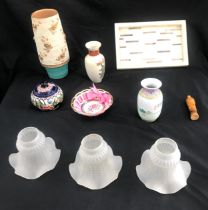 Selection of vintage collectables to include glass light shades, trench art tray, oriental pieces