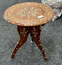 Vintage three legged inlaid folding table measures approx 14 inches tall by 13 inches diameter