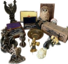 Large selection of collectable items to include ornaments, vintage measuring instruments, perfume