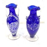 Pair of small Venetian blue glass vases hand painted height approx 18 cm