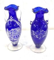 Pair of small Venetian blue glass vases hand painted height approx 18 cm