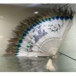 Antique 19th century Chinese bone fan with Peacock feathers, length 33cm